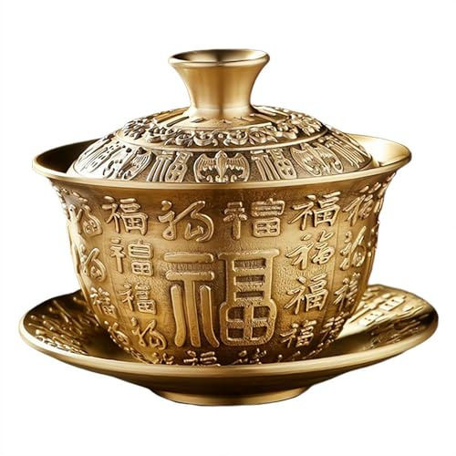 Tazza da tè cinese in ottone con scritta Cento Fu e scritta Good Luck, con coperchio e piattino, motivo Feng Shui, con ciotola dorata per buona fortuna e armonia, set da tè per decorazione casa e