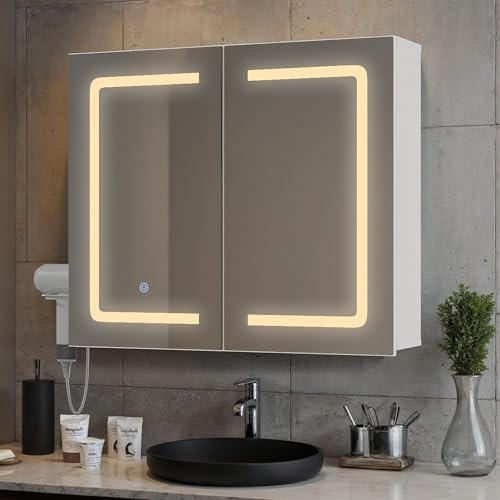 Blishom Armoire de Salle de Bains avec Miroir et Éclairage LED Dimmable, Capteur Tactile, Prise Électrique, Étagères Réglables, Double Porte en MDF de Haute Qualité, Blanc (60 x 70 cm)