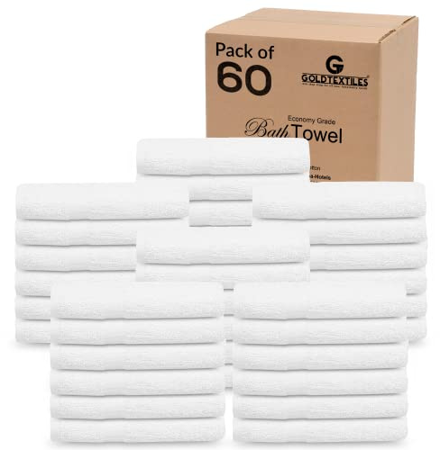 Gold Textiles 60 Pack White Hotel Bath Towels Bulk 20x40 Inches - Cotton Blend Economy Cheap Bath Towel for Commercial Uses, Gym, Salon, Spa & Hair - Lightweight Quick Dry (60 Pcs White)