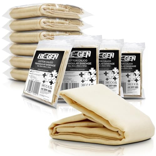 10 Pack | RE-GEN First Aid Calico Cotton Triangular Bandage - Ideal for Arm Sling Shoulder Elbow Support, Re-Usable Washable - Size 90cm x 90cm x 127cm