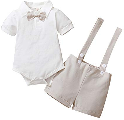 Gajaous Conjunto de traje de caballero para bebé, de manga corta, con camiseta, pelele y tirantes cortos, para bautizo, boda, 0 – 24 meses