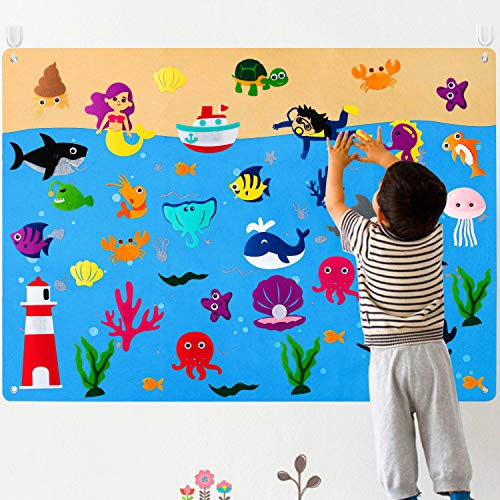 WATINC 45 Meerestier Filz Story Board Kit für Kinder Ocean World Storytelling Set Wiederverwendbares Flanell Seefischspielzeug Hängendes Lernspielzeug Geburtstagsfeier Geschenk für Jungen Mädchen | Storytelling Set Wiederverwendbare Flanell Seefisch Spielzeug Hängende Lernspielzeug Geburtstagsgeschenk für Jungen Mädchen