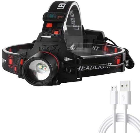 Linterna Frontal LED USB Recargable, Linterna Cabeza Super Brillante con Luz Blanca y Roja, Enfoque Ajustable, 4 Modos, Linternas Frontales Impermeables para Leer, Pescar, Correr, Acampar