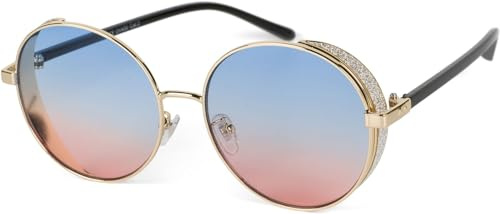 styleBREAKER Runda solglasögon för damer med tonade polykarbonatlinser och glitter sidoskydd, metallram 09020120, Ram guld/glas blå-rosa gradient, en storlek