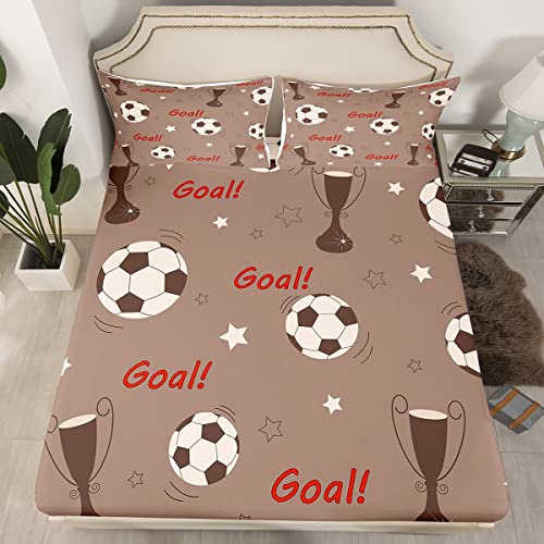 Juego de sábanas de fútbol para niños, diseño de balón de fútbol, sábana bajera ajustada para niños, ultra suave, para juegos deportivos competitivos, trofeo, ropa de cama para ganadores de fútbol