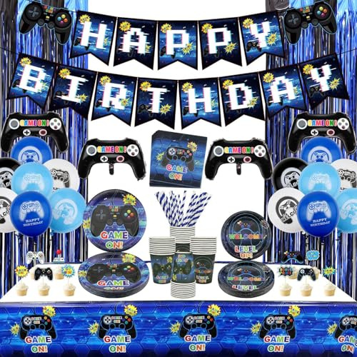 Hegbolke - Kit de decoración de cumpleaños para jugadores - Incluye cartel de FELIZ CUMPLEAÑOS, platos, vasos, servilletas, vajilla, manteles - Sirve 20 - Azul, Dibujos animados