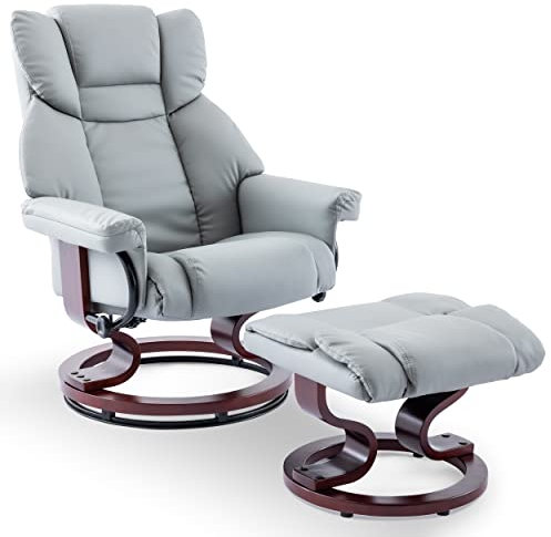Blisswood Recliner Chair with footstool, Recliner Armchair up to 160kg Weight Capacity, 135° Reclining Swivel Sofa Chair, PU Leather High Back Ergonomic Swivel Armchairs, Wooden Base for Living Room