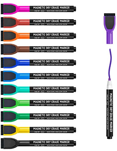 maxtek Magnetische Whiteboard Marker, 12 Farben Stifte abwischbar mit Radiergummi, Feinspitze 1–2 mm Linienbreite, Folienstifte für Zuhause, Schule & Büro (12 Stück)