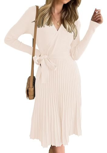 ZESICA Damen 2024 Herbst Langarm Wickelkleid V-Ausschnitt Rippstrick Plissee A-Linie Pullover Pulloverkleid mit Gürtel, Aprikose, Mittel