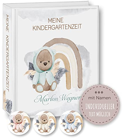 Kindergarten Ordner personalisiert mit Namen und Wunschtext Kuma Bär Teddy A4 Watercolor - Meine Kindergartenzeit Kindergartenordner Portfolioordner Sammelordner Junge Mädchen
