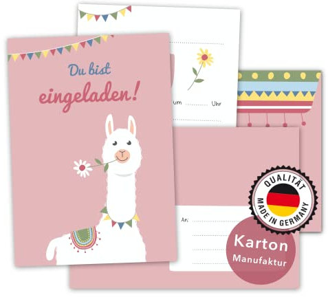 Decento® Einladung Geburtstag Lama - 8 Karten mit Umschlag für Mädchen - Alpaka Kindergeburtstag - Einladungskarten für Kinder zum Ausfüllen und Beschriften