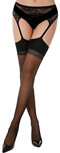 ROSVAJFY Collant Bretelle Pizzo Trasprente Sexy da Donna,Reggicalze Velato Calze Autoreggenti Attaccate Alla Coscia,Lingerie Sexy Calze Autoreggenti Morbide a Vita Alta Calze Biancheria Intima (Nero)