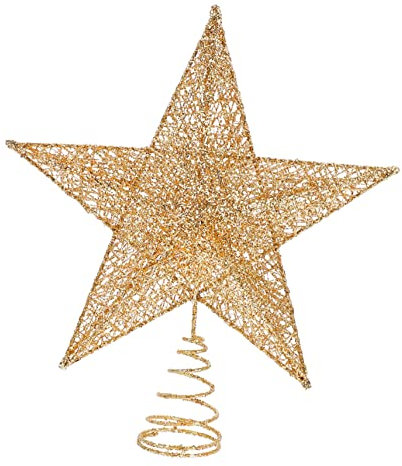 Happyyami Stella Albero Di Natale Puntale in Ferro Dorato Glitterato Cinque Punte Decorazione Luminosa Per Cima Albero Design Intagliato Vuoto Elegante Per Festa Natalizia