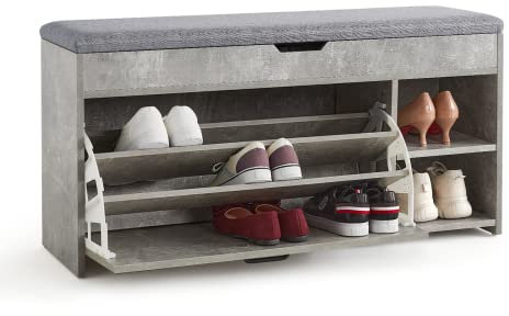 Meerveil Schuhbank mit Sitzfläche, Schuhbank mit Klappschublade Holz Industriestil für Flur Eingang, B100 x H52 x T30 cm, Grau