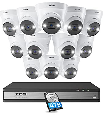 ZOSI 16CH 4K PoE CCTV Camera System, 12pcs 5MP Outdoor Indoor PoE IP Camera | AI Person Vehicle Detection, 2-Way Audio, Color Night Vision, 16CH 4K PoE NVR Recorder & 4TB HDD, 24/7 Recording, Spotlights