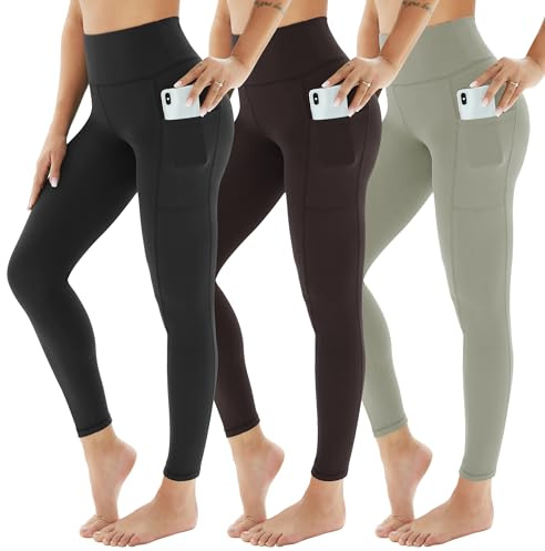 AMIYOYO Sport Leggings Damen mit Tasche High Waist 3er Pack | Blickdicht Sporthose Bauchweg Sportleggings Lang Dehnbar Hose für Yoga, Gym