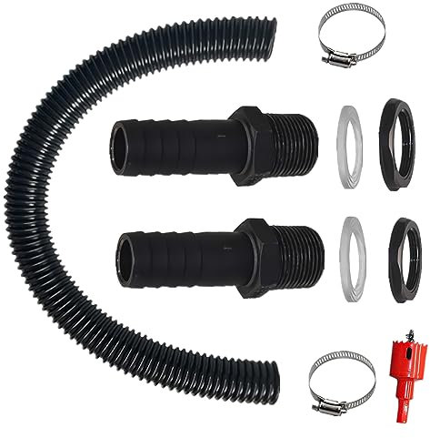 Regentonnen Verbindungsset 2 Regentonnendurchführung 1,25 Zoll mit Schlauchtülle 100 cm Verbindungsschlauch 32mm und Lochöffner 2 Schlauchschellen Für Regentonne, Wassertanks