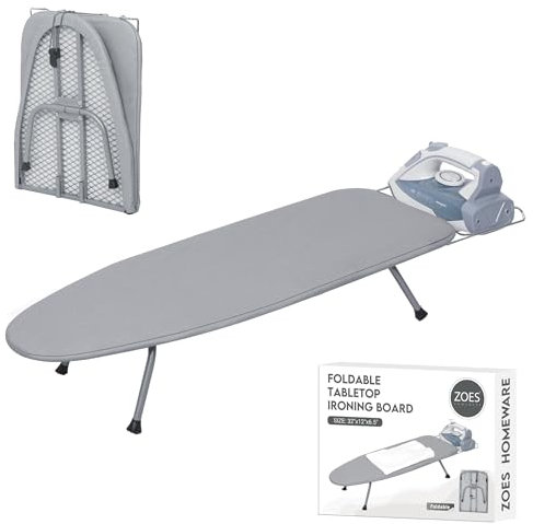 ZOES HOMEWARE Tabla de planchar, pequeña tabla de planchar con soporte de hierro, mini tabla de planchar de mesa con cubierta reflectante del calor y almohadilla 100% algodón de 8 mm de grosor, 31.5 x