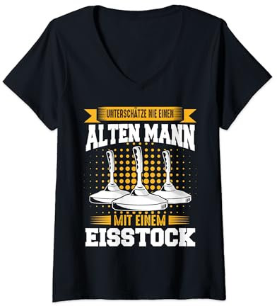 Stockschießen Eisstock Eisstockschießen Alter Mann Stock T-Shirt mit V-Ausschnitt