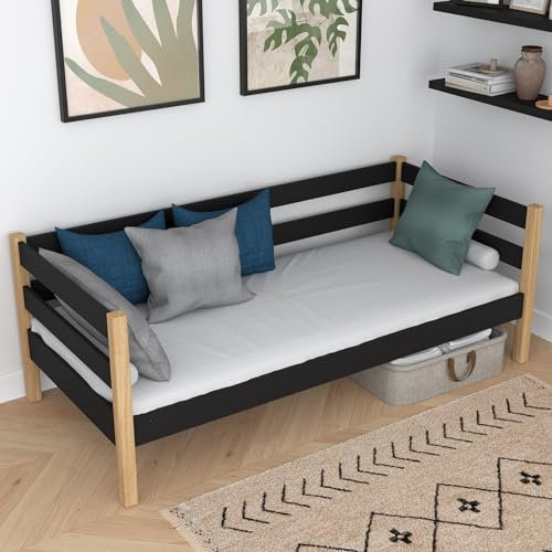 N-Wood N01 säng 80 x 190 cm, gästsäng, ribbotten, multifunktionell utdragbar säng för barn, tonåringar, seniorsäng, rundade kanter, högkvalitativa material, svart ek