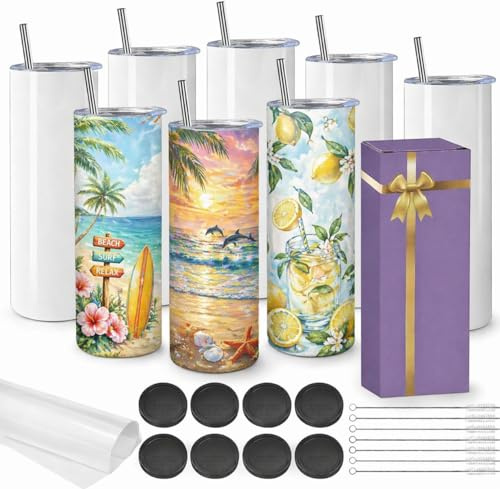 LYCN Sublimationsgläser, blanko, gerade, schmal, mit Deckel, Strohhalm, einzeln in Geschenkverpackung, doppelwandig, isoliert, Becher für Tassen, Heißpresse, Sublimationsübertragung, 8 Stück