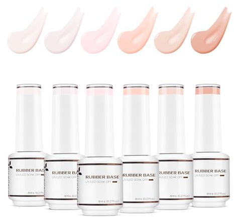 Nicedeco 4 In 1 Rubber Base Gel Set For Nails, Hema Free Nude Rose Pink Sheer Color Gel Nail Polish UV LED,Elastic Rubber Nail Strengthen Enhance Base Coat 6pcs x 8ml-Kit35