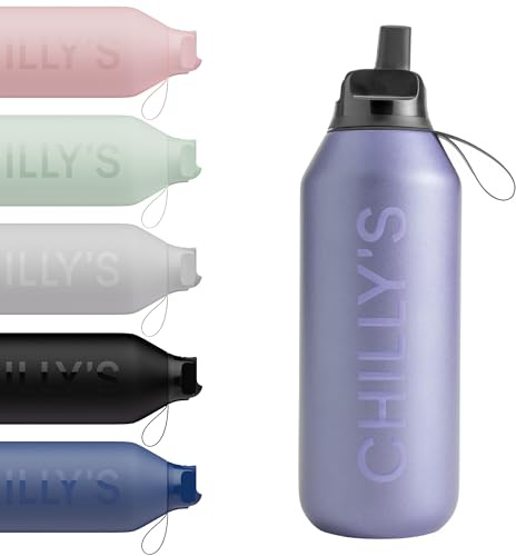 Chilly's Series 2 Flip Water Bottle with Sports Lid - Vacuum Insulated Stainless Steel Water Bottle with Straw, Carry Loop, & Cleaning Brush - No Sweat