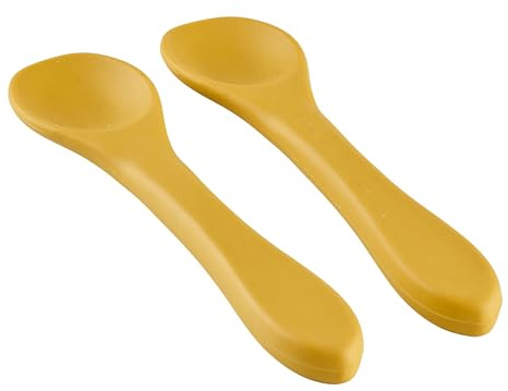 THERMOBABY - Lot De 2 Cuillères En Silicone Pour Bébé - Cuillères Bébé/Enfant 1er Âge - Dès 4 mois, Souple - Bout Arrondi - Manche long et Ergonomique - Jaune Miel