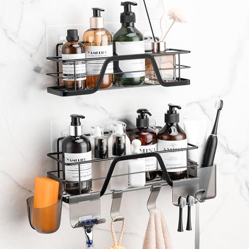 Gsocel Duschablage Ohne Bohren 2 Stück, Duschregal Edelstahl Duschkorb Selbstklebend Dusche Badregal Badezimmer Halterung mit 6 Haken, Schwarz