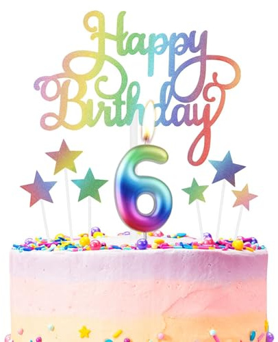Geburtstagskerze mit der Zahl 6 in Regenbogenfarben, Metallic-Regenbogen-Geburtstagskerzen, Kuchenaufsätze, Happy 6th Birthday-Kerze, bunte Kuchenkerzen, Kuchendekoration für Mädchen und Jungen