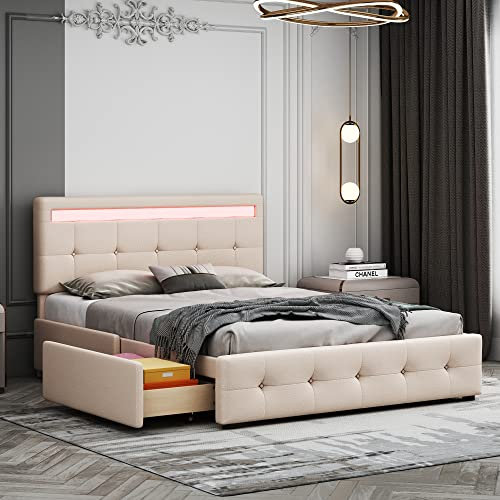 GM Ultra Polsterbett 140x200, Doppelbett mit Stauraum Bettkasten auf Rollen, Bett mit LED, Bettgestell mit Lattenrost, Bettrahmen mit Schubladen,Kinderbett Jugendbett Gästebett, ohne Matratze, Beige