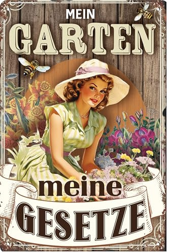 LUCKYLINDE - Wetterfestes Blechschild, Gartenschild – Mein Garten, meine Gesetze – lustiger Spruch, 20 x 30 cm