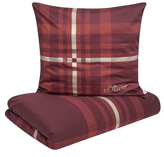 s.Oliver Feinflanellbettwäsche 140 x 200 cm - 100% Baumwolle, Reißverschluss, anschmiegsam, weich & waschbar,Flanellbettwäsche kariert rot beige Östtereich Größe