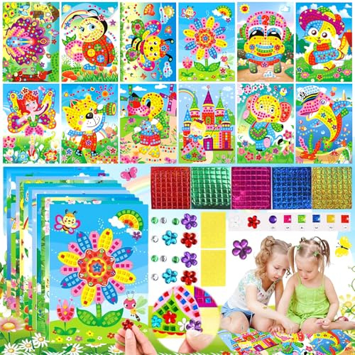 Weploda 12 Stück Sticky Mosaics Set Kinder, Diy Diamanten Mosaike, Mosaik Bastelset, Glitter Multicolour Papiermosaik Bilder, DIY Basteln Geschenke für Mädchen Jungen Ab 4 Jahre