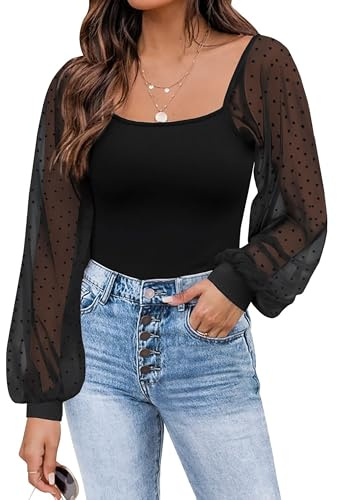 Timuspo Damen Bluse Puffärmel Slim Fit Off Shoulder Oberteil Ribbed Knit Schwarze Bluse Rundhals Ausschnitt Tops M