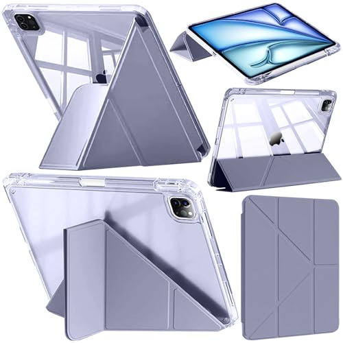 Hülle Kompatibel mit iPad Air 13 Zoll M2 (2024)/iPad Pro 12.9 2022/2021/2020/2018 mit Stifthalter, Klare Stoßfest, 6-in-1 Y Fold Ständer, Unterstützt Pencil Pro/(USB‑C), Lavendel
