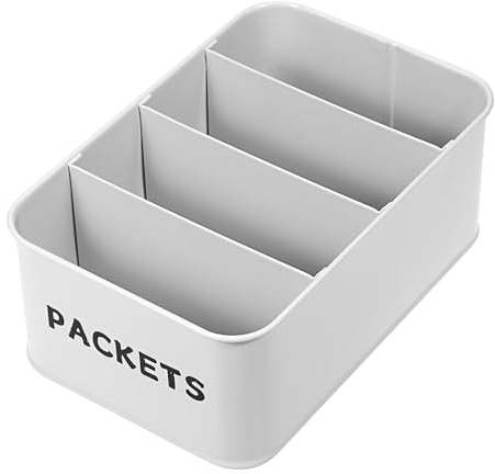 OGANAZI Metal Seasoning Packet Organiser with 4 Compartments, White | Seasoning Storage Bins Spice Packet Holder with Dividers Spice Rack for Kitchen, Pantry, Cabinet, Countertop, 21*14*8.1cm