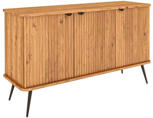 Lomadox Sideboard 3-türig in Eiche massiv geölt 144 cm breit gerillte Front montiert Anrichte Kommode Schrank Wohnzimmerschrank