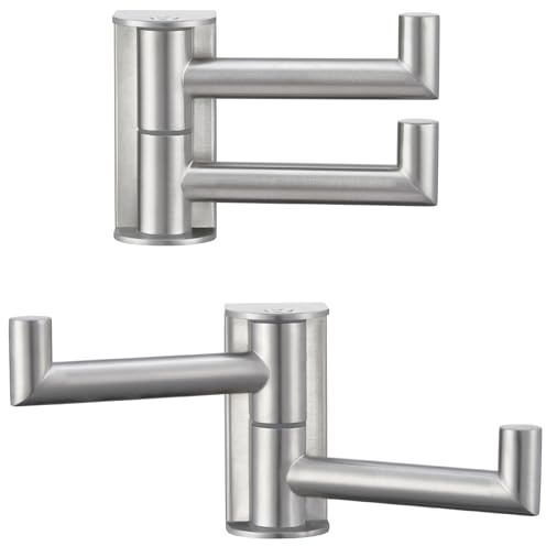 Suyar Brushed Nickel Double Towel Hook, SUS304 Stainless Steel Swivel Wall Hook with 2 Arms, Foldable Robe Coat Hanger for Bathroom, 2 Pack