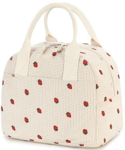 VKWE Lunch Bag for Women Men Kids Cute Corduroy Lunch Tote Bags Reusable Insulated Lunch Box Large Capacity Reusable Insulated Cooler for Work Picnic Travel (Beige Strawberry)