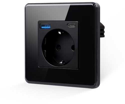 JIMEIDA Einzelsteckdose Schwarz,2.5D Curved Glas Platte 16Amp Schuko Steckdosen mit USB-A und Typ-C Port 2.1A Unterputz Schutzkontakt Wandsteckdose 86 * 86mm,250V
