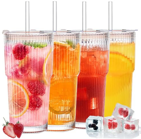 Rliocvhe 4 Pezzi 600ml Bicchieri da Acqua con Coperchio e Cannuccia,Tazza da Caffè Ghiacciata,Vetro Bicchiere per Smoothie,Tazza da Succhi Trasparente, per Latte, Acqua, Succo, Tè
