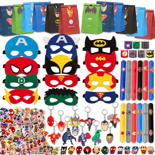 110Pcs Helden Mitgebsel Kindergeburtstag, Geburtstagsdeko Mitgebsel Geburtstag Deko Kinder, Geburtstagstüten Kinder Mit Masken Aufkleber SchlüSselanhänger Slap Bands GeschenktüTen Schuhdekorationen
