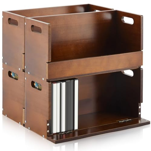 CroBlissful 4 Set Wooden DVD Storage Box Cassette Tape Display Rack Holder with Carrying Handle Organizer Shelf for Movie Video Game Cases CD Organizer Can Store up to 104 DVDs