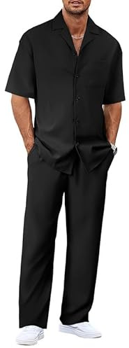 Oanviso Completo Uomo Estivo Casual Abito Elegante 2 Pezzi Tuta Tempo Libero Camicia e Pantaloni Lunghi Set Coordinati Abbigliamento Leggera Completa Spiaggia Nero XL