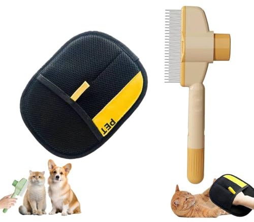 Bürste Katze & Tierhaarentferner Handschuh – Fell Magnet Handschuhe für Hunde und Katzen,Fellbürste Katze und Katzenhaarentferner Handschuh für Static Remover Pet Hair (Gelb Bürste +handschuh)