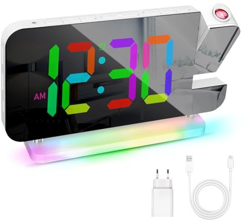 Sveglia con proiezione, display a LED con proiezione digitale con proiettore girevole a 180 gradi, 10 colori, luce notturna, 11 colori RGB, sveglia digitale per bambini, orologio da tavolo per ragazzi