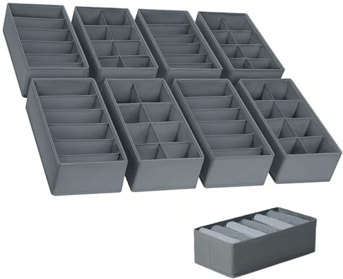 Organizador Ropa Interior Cajones, Juego de 8 Organizador de Armario con Compartimentos, Plegable Ropa Interior Organizador de Armario, Separadores de Cajones de ropa interior Tela No Tejida(Gris)