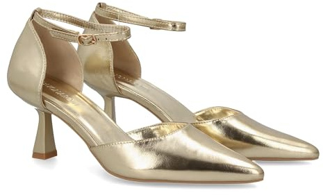 shoes&blues.es 95181 Stiletto para Mujer con Tacon Fino. Cierre de Hebilla, Punta Fina. Ideal para Otono Invierno. Oro Talla 39