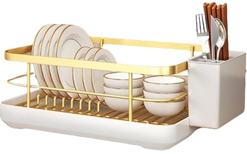 Dish Drainer Rack For Kitchen Counter Removable Drip Tray & Cutlery Holder ABS Stainless Steel Space-Saving Multifunctional Drying Rack Utensil Organiser For Dishes Spoons Forks Chopsticks (Gold)